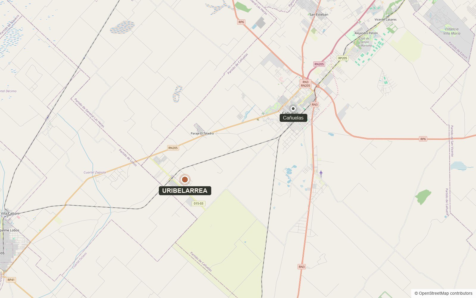 Mapa de Uribelarrea y Cañuelas, con la Ruta 205 y el ramal ferroviario